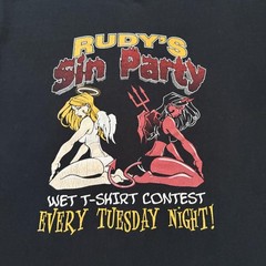 Vintage Rudy’s Sin Party Shirt Mens M Angel Devil Pinup Biker Largo FL