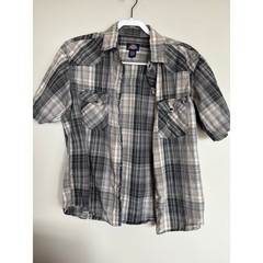 Dickies Plaid Snap Button Western Work Shirt Men’s L Gray Tan Short Sleeve Y2K