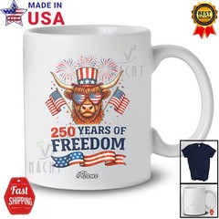 Custom Name 250 Years Freedom; 4th Of July Highland Cow Heifer Patriotic T-Shirt