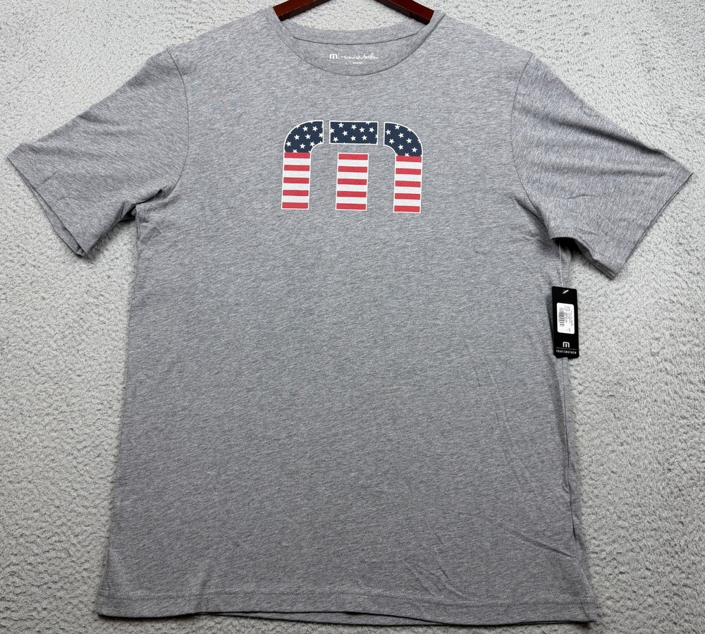 Travis Mathew Graphic T Shirt Mens Large Gray Star Stripes Pima Cotton Logo Flag