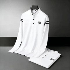Men Stand Collar Long Sleeve Polo Shirt Stripe Accent Soft Breathable For Busine