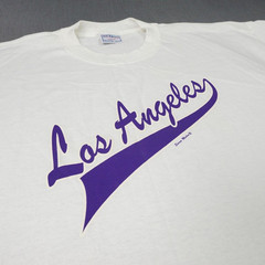 Vintage 90s Los Angeles Script Spellout T-Shirt Mens XL White Purple All Sport
