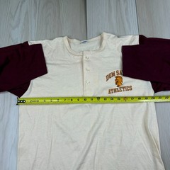 Vintage Champion Dom Savio Athletics Mens Ivory Red Henley Neck T-Shirt Size XL