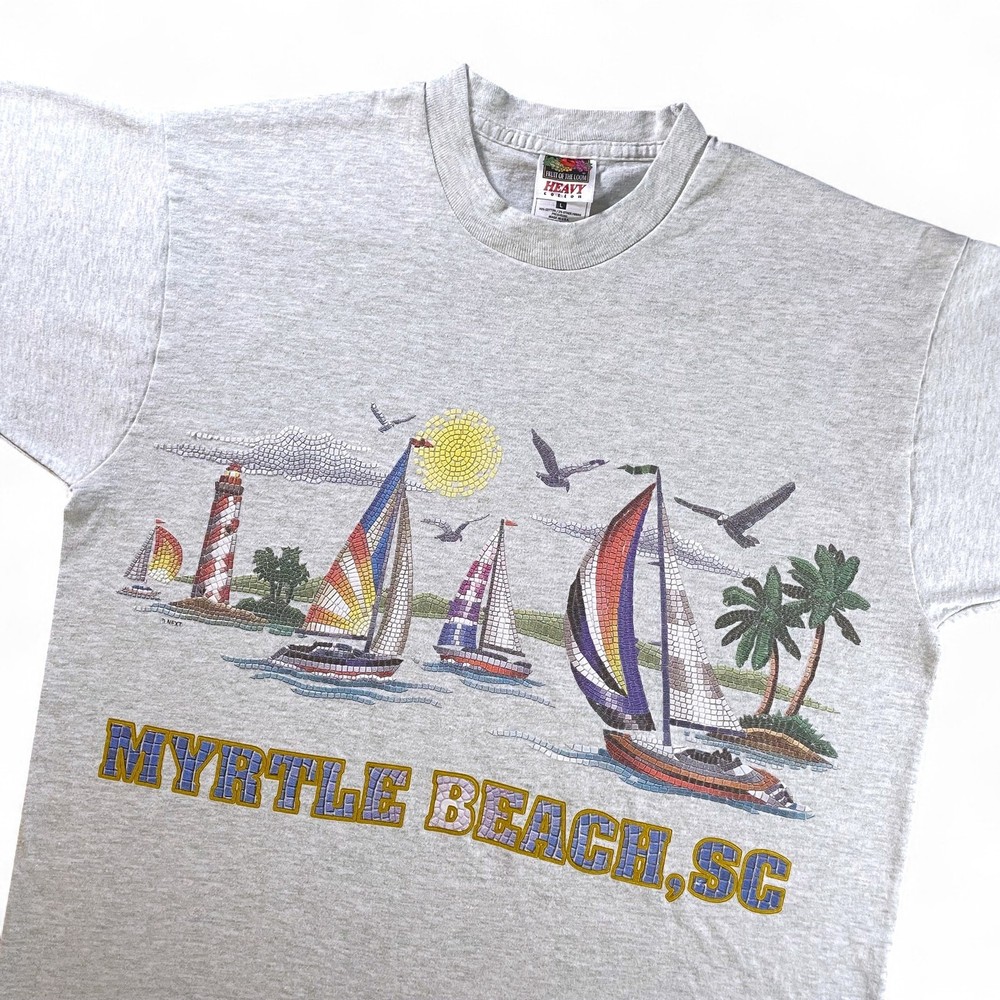 Vtg 90s Myrtle Beach Art T-Shirt Mosaic Sailboat Lighthouse Single Stitch USA L