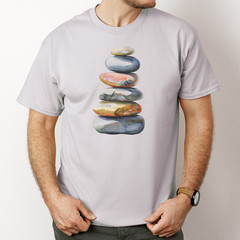 Stacked Stones Shirt Watercolor Rock Cairn Nature Artwork Tshirt Light Gray