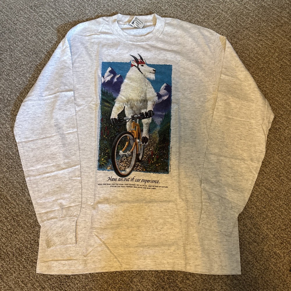 Vintage 90s Single Stitch Graphic Longsleeve Shirt Mountain Goat On A Bike