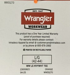 NEW Wrangler Workwear Men’s Hi-Vis Orange Long Sleeve Pocket T-Shirt Size Large