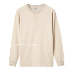 Mens Long Sleeve Shirts Soild Color Heavy Cotton Retro Casual T-Shirts