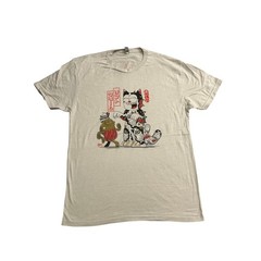 Furry Feline Creatives Graphic Tee Mens L Oatmeal Excellent Japanese Cat Fish