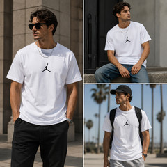Air Jordan Men’s Casual Tee, L-4XL, Black/White/Beige, Basketball Logo