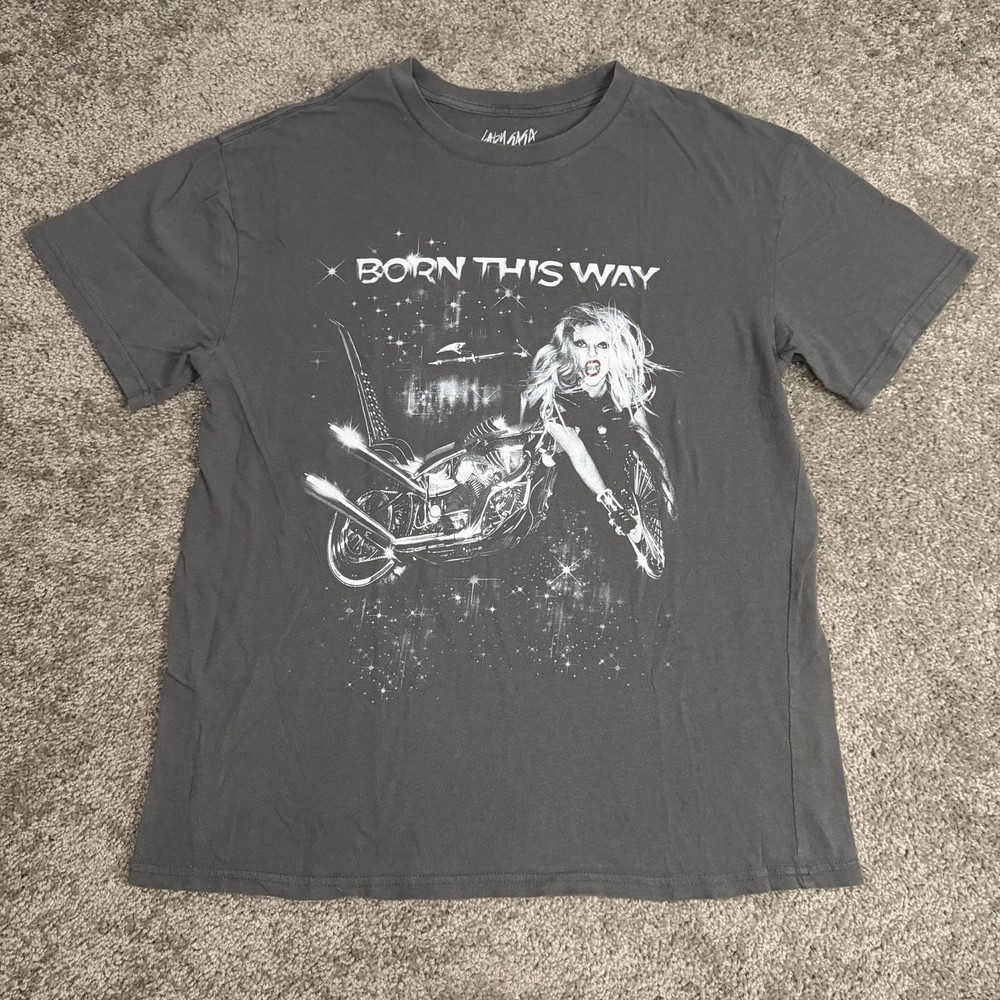 Lady Gaga Shirt Mens XL Gray Born This Way Graphic Tee Motorcycle Album Art