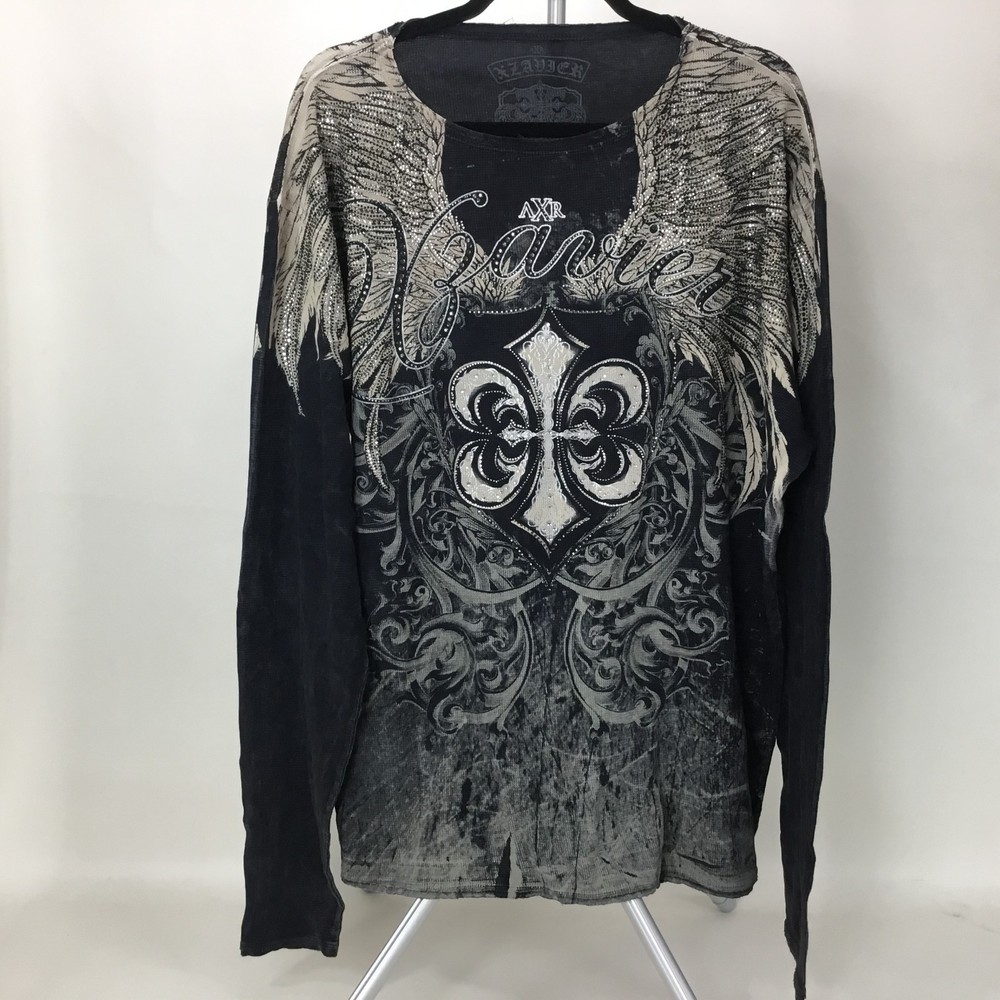 Xzavier Buckle All Over Print Studded Feather Wing Graphic T-shirt Men XL Black