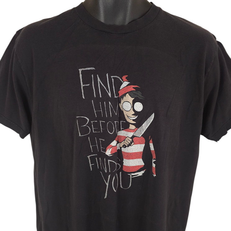 Wheres Waldo T Shirt Mens Size Large Black Find Him Before He Finds You Horror