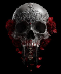 Vampire Skull T-Shirt – Blood Dripping Fangs, Gothic Filigree, Dark Rose Art