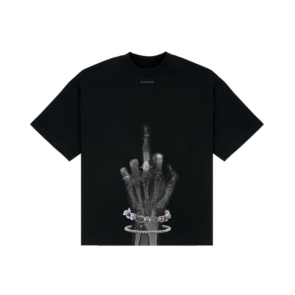 Superior Bling Skeleton Hand Diamond Bracelet Printed Black T-Shirt