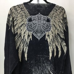 Xzavier Buckle All Over Print Studded Feather Wing Graphic T-shirt Men XL Black