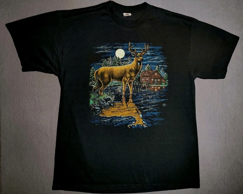 1996 LSJ Sportswear Cotton Grove Designs Deer Winter Scene Tshirt USA Sz XL