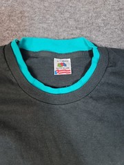Vtg 90s Fruit of the Loom RMS Band Double Collar & Sleeve Black Teal Sz L