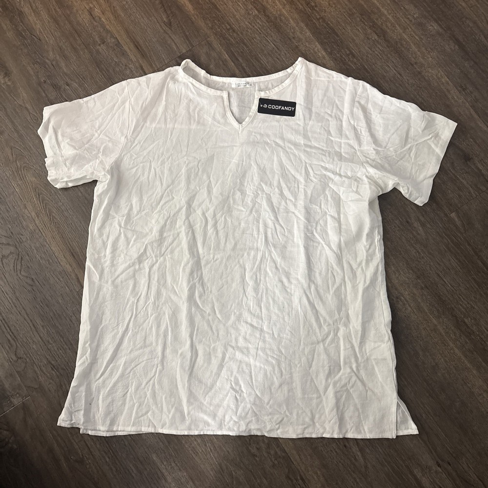 Coofandy Men’s Linen Textured Beach Tee Shirt White Cotton XL