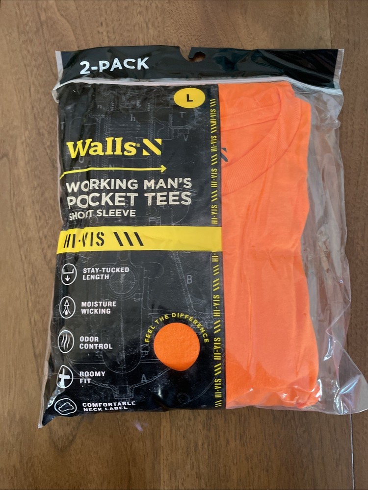 Walls Short Sleeve Working Man’s Pocket Tees LARGE Hi Visible Orange 2 Pack New