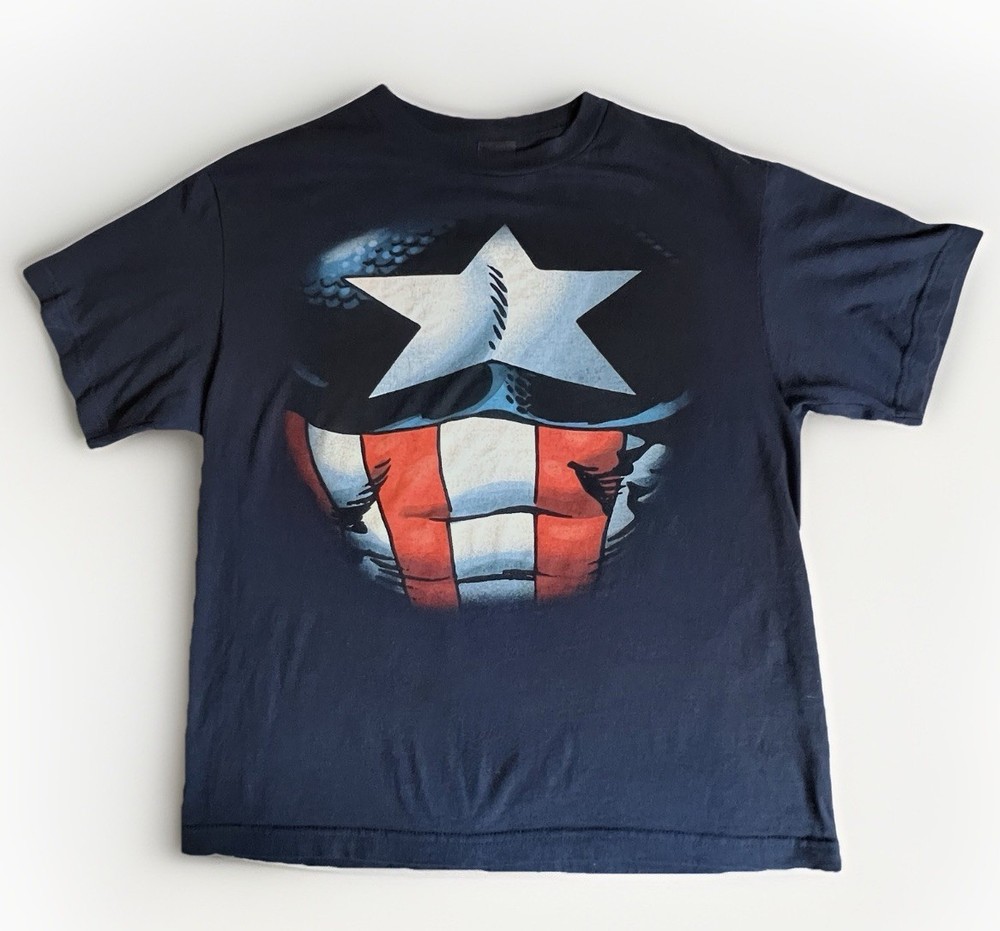 Marvel Captain America Ripped Shield Graphic T Shirt Mens Med Dark Blue Tee 2012
