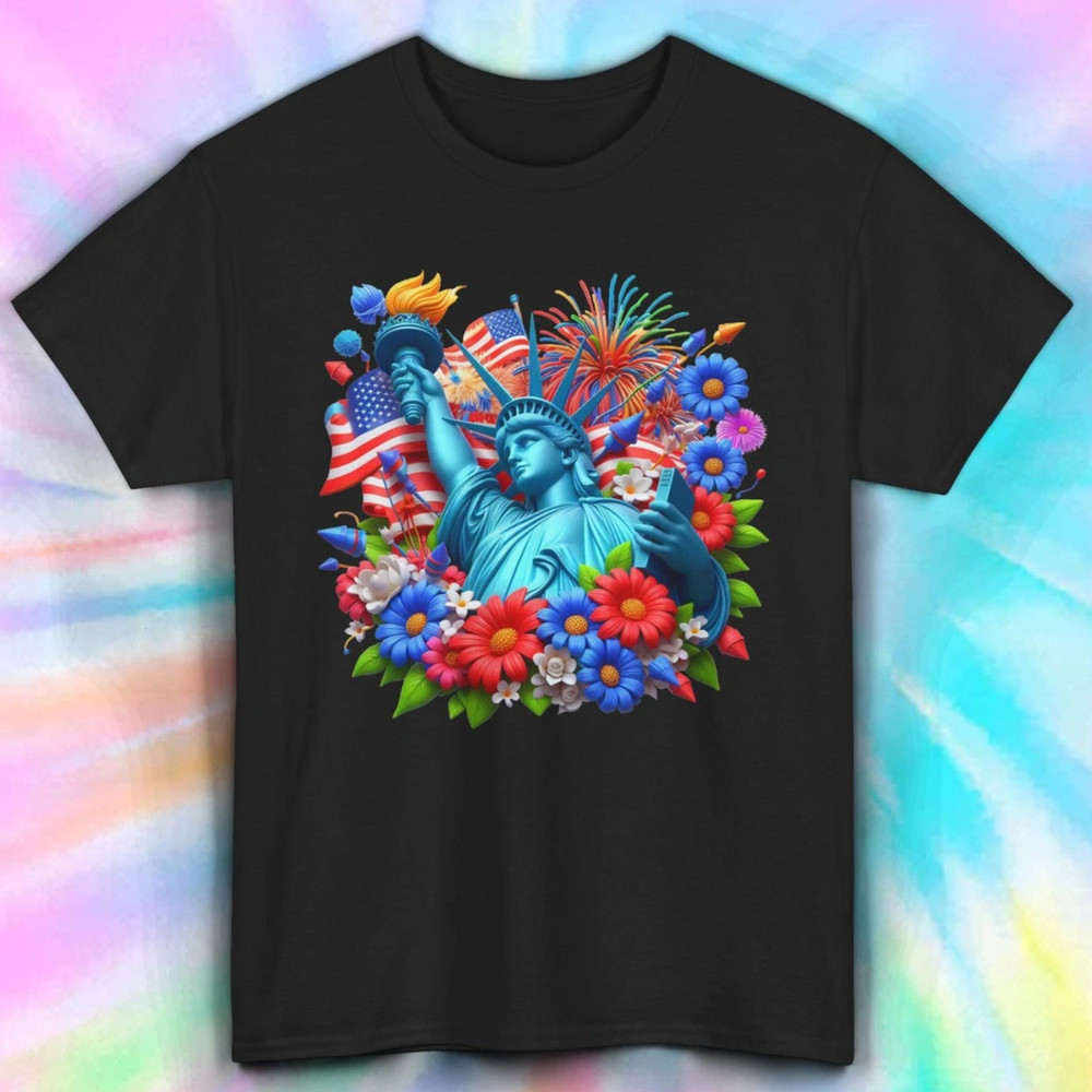 LIBERTY STATUE USA FIREWORKS FLOWERS PATRIOTIC Pride BLACK Men Girl T-Shirt T1