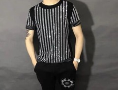 New Men Luxury Diamond Rhinestones Fashion Black T-Shirt High Quality