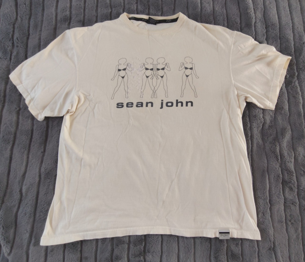 VTG Sean John Men’s 100% Cotton Ivory T-Shirt Dancing Bikini Girls Size XL ST45