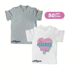 50 Pack V-Neck Sublimation Blanks T-Shirts Mixed Sizes White Grey Polyester