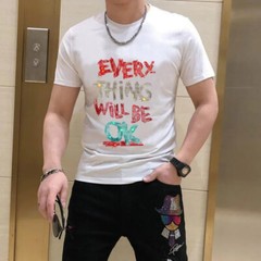 New Men Luxury Rhinestones Fashion Diamonds Black White T-Shirt High Quality