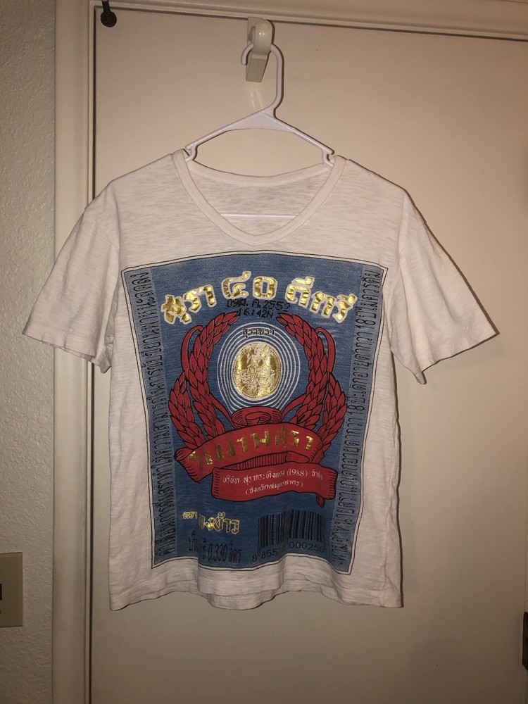 Vintage Lao Khao Rice Whiskey White Spirit Thailand Alcohol Label T-Shirt S RARE