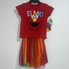 Sesame Street Elmo Shirt Tulle Skirt and Scrunchie 3 Piece Outfit Girls Sz 6/6X