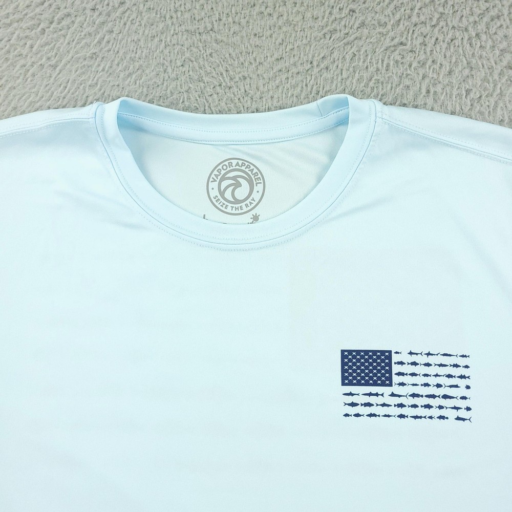 Vapor Apparel Shirt Mens Large Blue USA Flag Patriotic Fish Graphic UPF 50+