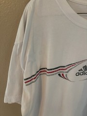 Adidas Graphic Logo TShirt Mens Sz 2XL White Red Gray Striped Oval Print Vintage