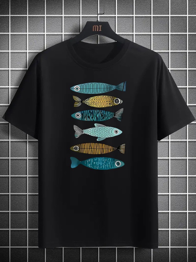 Creative Cartoon Fish Design for Men’S Trendy Print Patterns, Men’S Round Neck