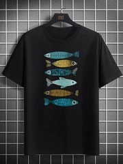 Creative Cartoon Fish Design for Men’S Trendy Print Patterns, Men’S Round Neck
