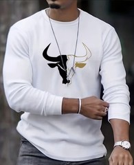 White Long Sleeve Men’s Knit T-Shirt Crew Neck Bull Graphic Polyester Elastane