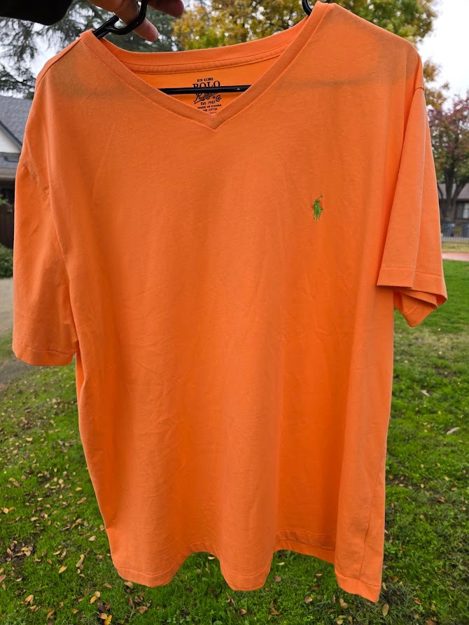 Polo Ralph Lauren Bright Orange V Neck T Shirt Vintage Tee Single Stitch Pony XL