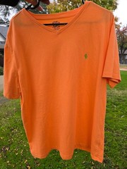 Polo Ralph Lauren Bright Orange V Neck T Shirt Vintage Tee Single Stitch Pony XL