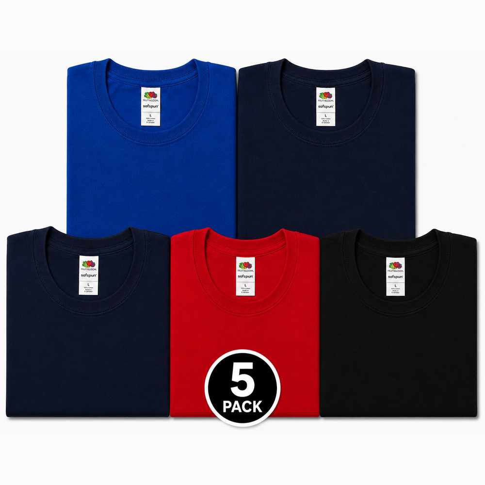 Fruit of the Loom 5-Pack T-Shirts Size L – 1 Blue, 2 Navy, 1 Red, 1 Black