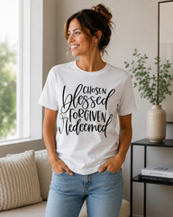 Chosen Blessed Forgiven Redeemed Shirt Christian Calligraphy Faith Tee