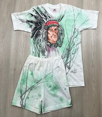 VTG 1993 Single Stitch Native American Hand Painted T Shirt Short Set USA Made