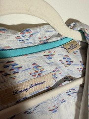 Tommy Bahama 100% Silk Hawaiian Shirt Mens Blue Geometric Tropical Camp