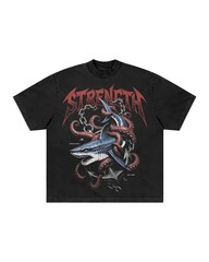 Men’s Vintage Washed Graphic T-Shirt Shark Octopus Anchor Print Streetwear Tee
