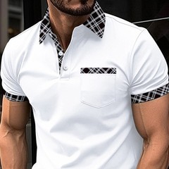 Mens Check Plaid Turn Down Collar T Shirts Tops Golf Pocket Casual Shirts Blouse
