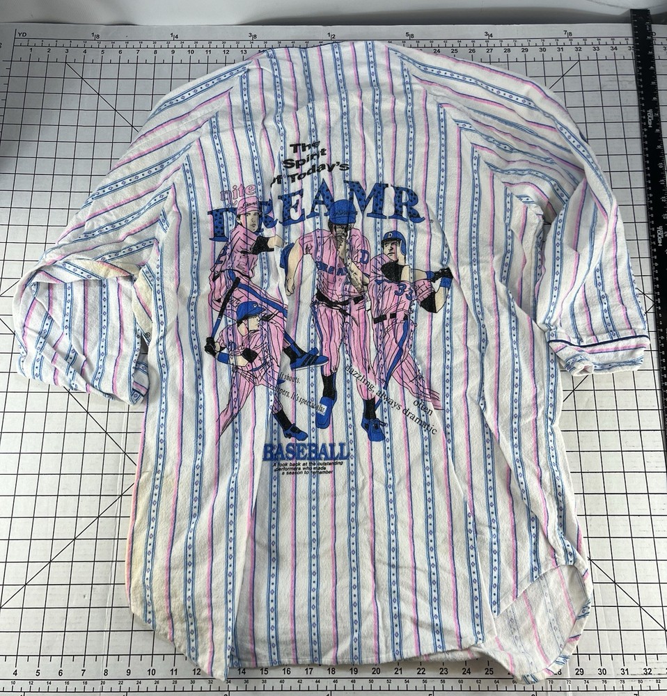 Vtg 90s Nite Dreamr Baseball Sleep Shirt Striped Pink Blue Graphic Oversized 80s