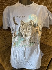 Vintage Alaska King Salmon Wolf Moose Bald Eagle 90s Shirt L Blue Double Sided