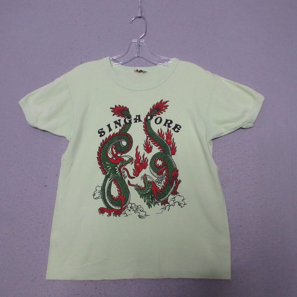 Vintage Golden Wheel Souvenir Shirt 34 Green Singapore Dragon Ying Yang 60s 70s