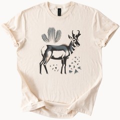 Desert Wildlife Graphic Tee Surreal Antelope Cactus Art Black