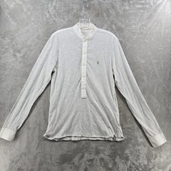 AllSaints Mens Small Henley Shirt Grey Grandad Collar Long Sleeve Ramskull Logo